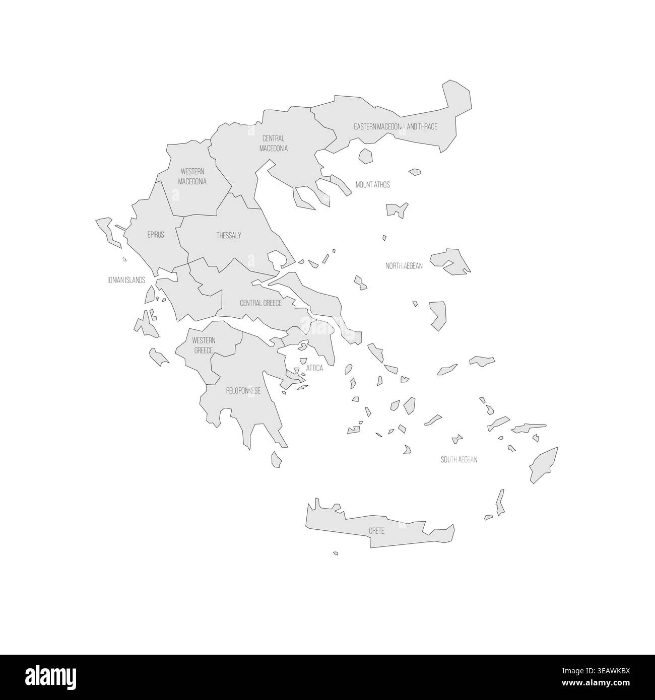 Greece political map of administrative divisions - decentralized administrations and autonomous monastic state of Mount Athos. Grey map with thin black outline and labels. Stock Vector