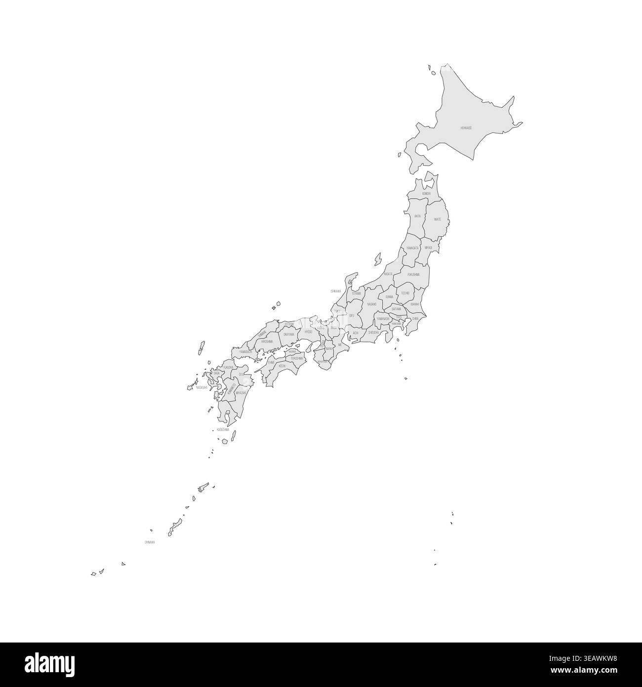 Japan Political Map Of Divisions Prefectures Japan Political Map Of Divisions Prefectures Metropilis Tokyo Territory Hokaido And Urban Prefectures Kyoto And Osaka Grey Map With Thin Black Outline And Labels 3EAWKW8 