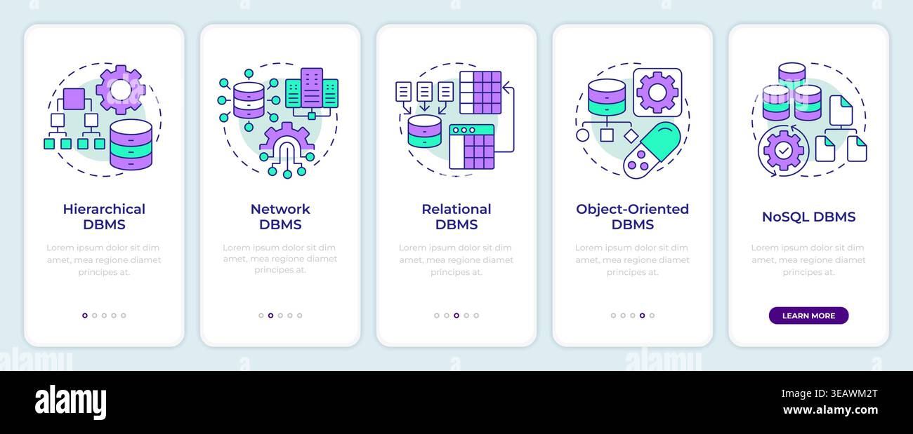 Various dbms categories onboarding mobile app screen Stock Vector