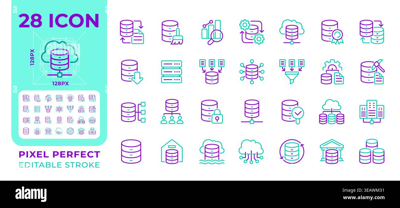 Data analytics pixel perfect two color line icons set Stock Vector