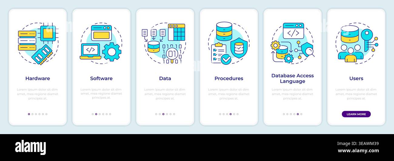 DBMS system modules onboarding mobile app screen Stock Vector