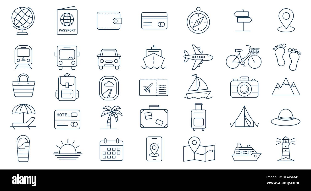 Travel and summer vacation line icon set. Tourism, transport, beach holiday and camping symbols collection. Stock Vector
