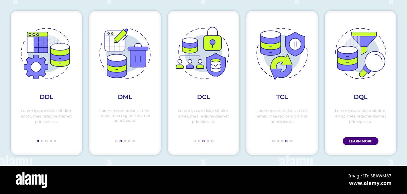 Types of query languages onboarding mobile app screen Stock Vector