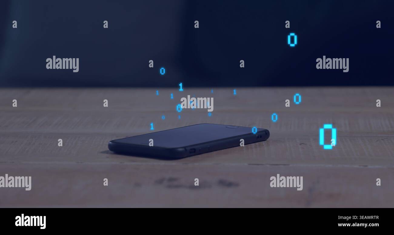 Floating cyan binary digits shimmering above black smartphone lying on worn tabletop, dark backdrop Stock Photo