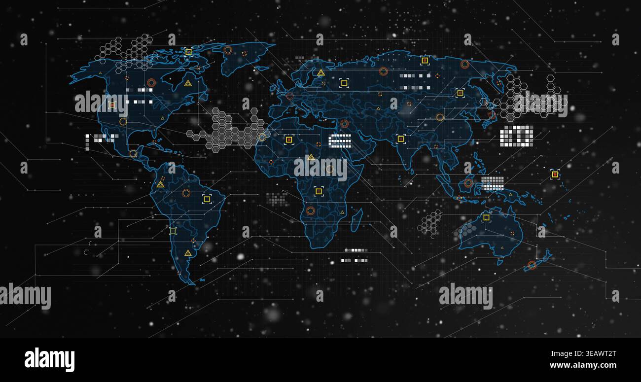 Displaying neon world map on dashboard, showing hexagonal clusters, grid blocks, yellow markers Stock Photo