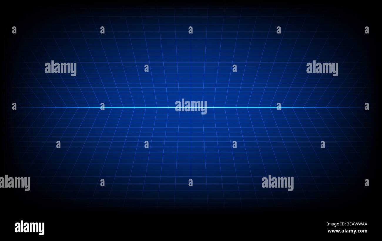 Digital wireframe perspective grid technology background with a glowing neon horizon line for tech and science design Stock Vector