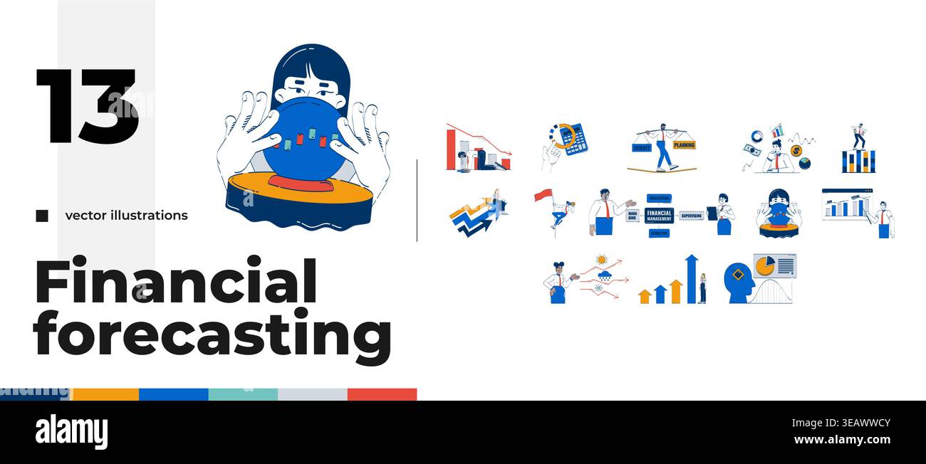 Financial forecasting strategy and planning cartoon flat illustrations bundle Stock Vector