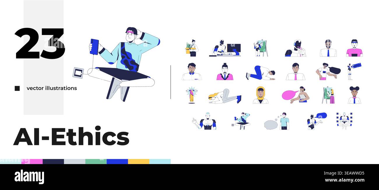 AI influence on human behavior and digital interaction cartoon flat illustrations bundle Stock Vector
