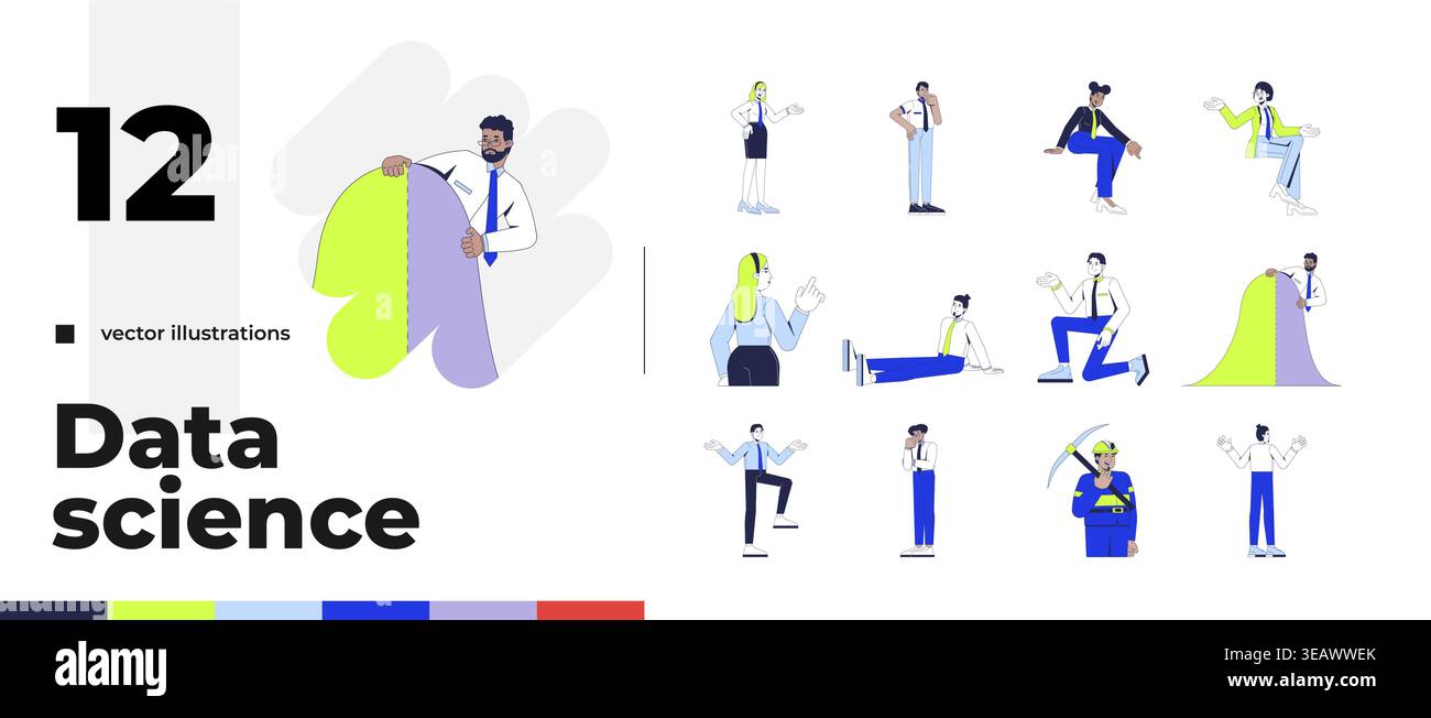 Diverse professionals doing analytical tasks cartoon flat illustrations bundle Stock Vector