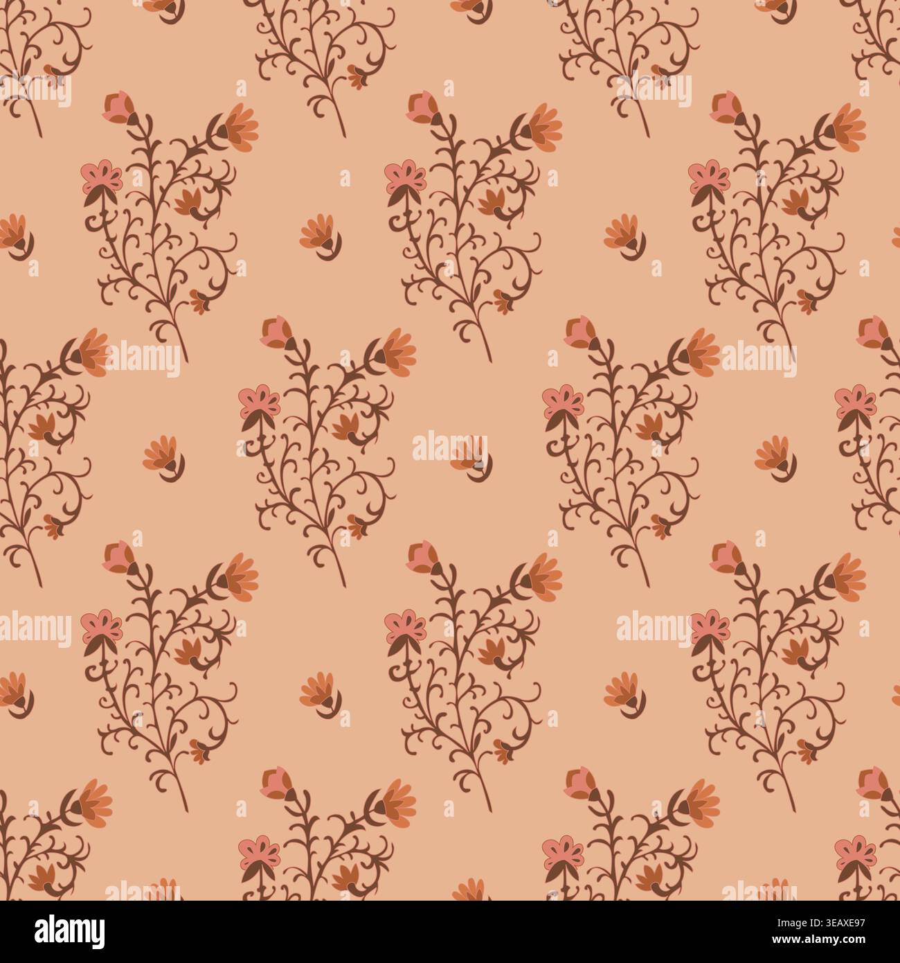 Rust Folk Floral Sprig Pattern Stock Vector