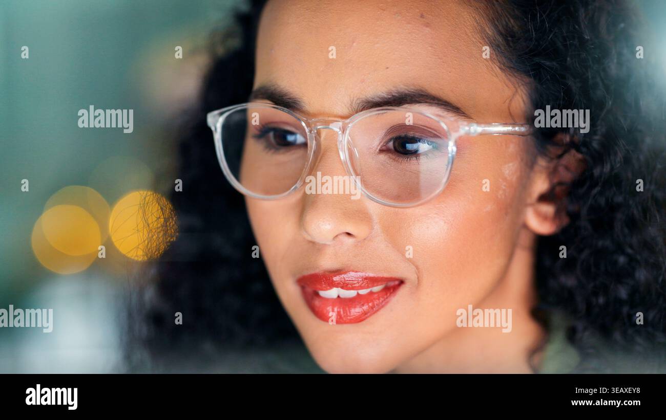 Happy woman, programmer or coding with glasses in office for software development or update. Female person, coder or app developer with smile for Stock Photo