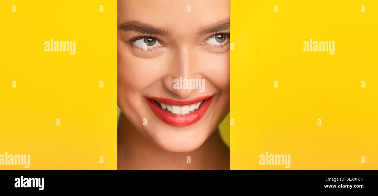 Collage of Smiling Woman With Bright Background Showing Happiness and Joy Stock Photo