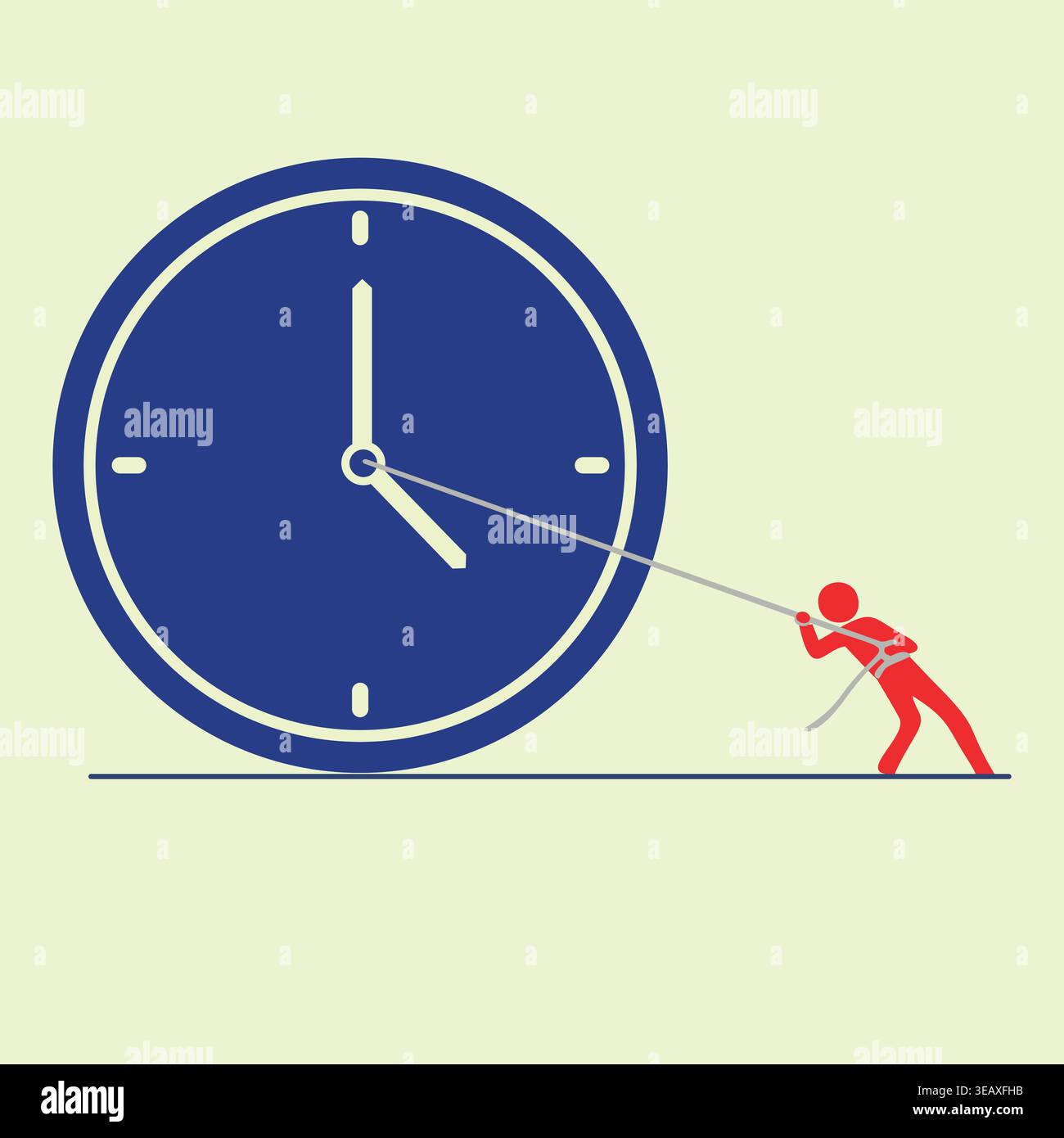 Conceptual vector illustration of a red figure pulling a large blue clock with a rope symbolizing deadline pressure and time management challenges Stock Vector