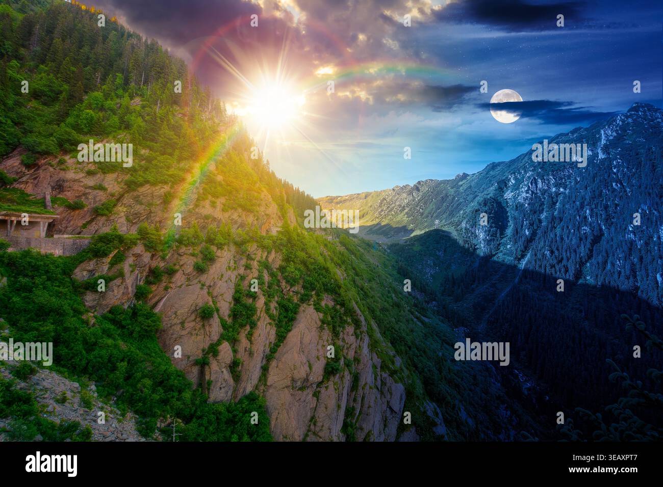 Day meet night. Valley on summer solstice in mountains. Sun and moon over gorgeous mountainous landscape at twilight. Rocky cliffs and forested slopes Stock Photo