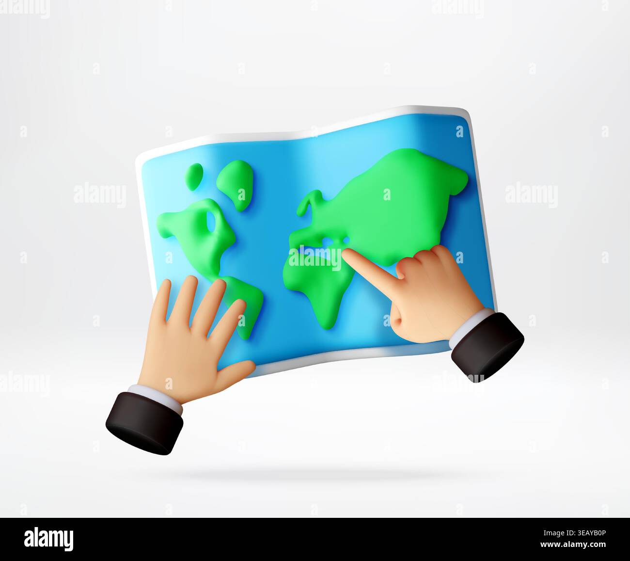 Hand pointing at destination on 3D world map. Stock Vector