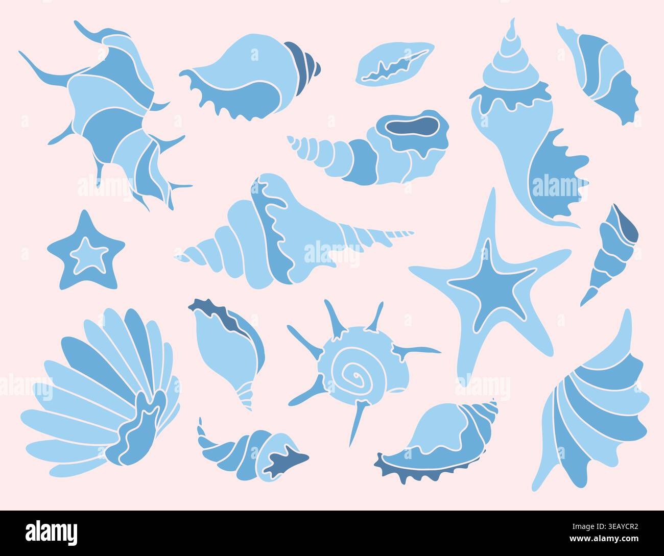 Blue Sea Shells and Starfish Scandi Vector Set Stock Vector