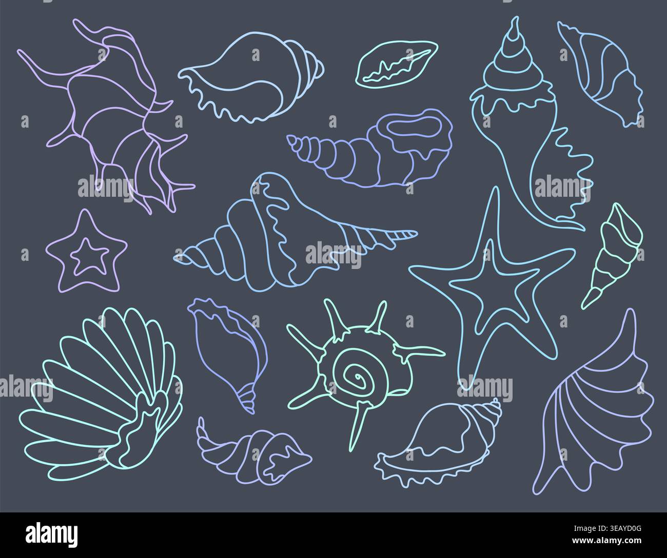 Neon Line Art Sea Shells on Dark Background Stock Vector