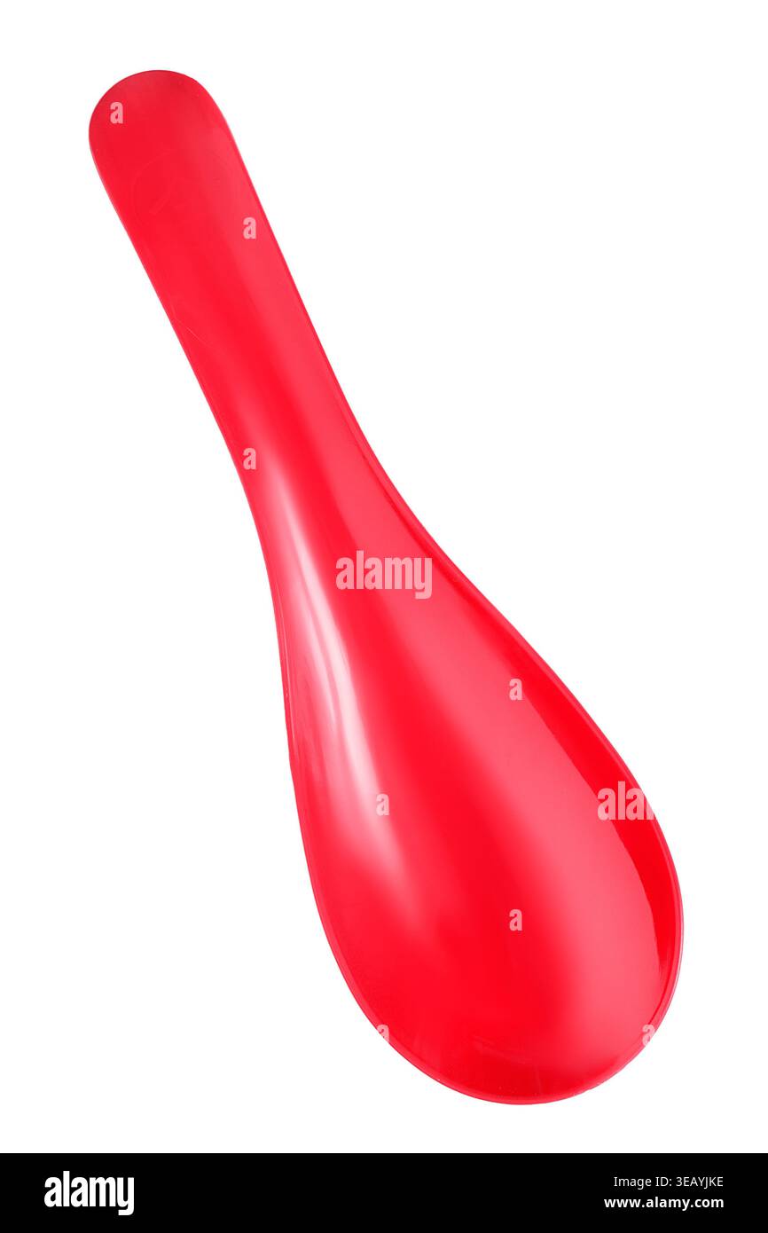 Red plastic spoon isolated on white background Stock Photo