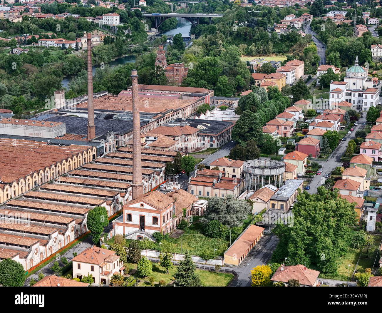 Aerial view of the Industrial Village of Crespi d'Adda with its iconic ...