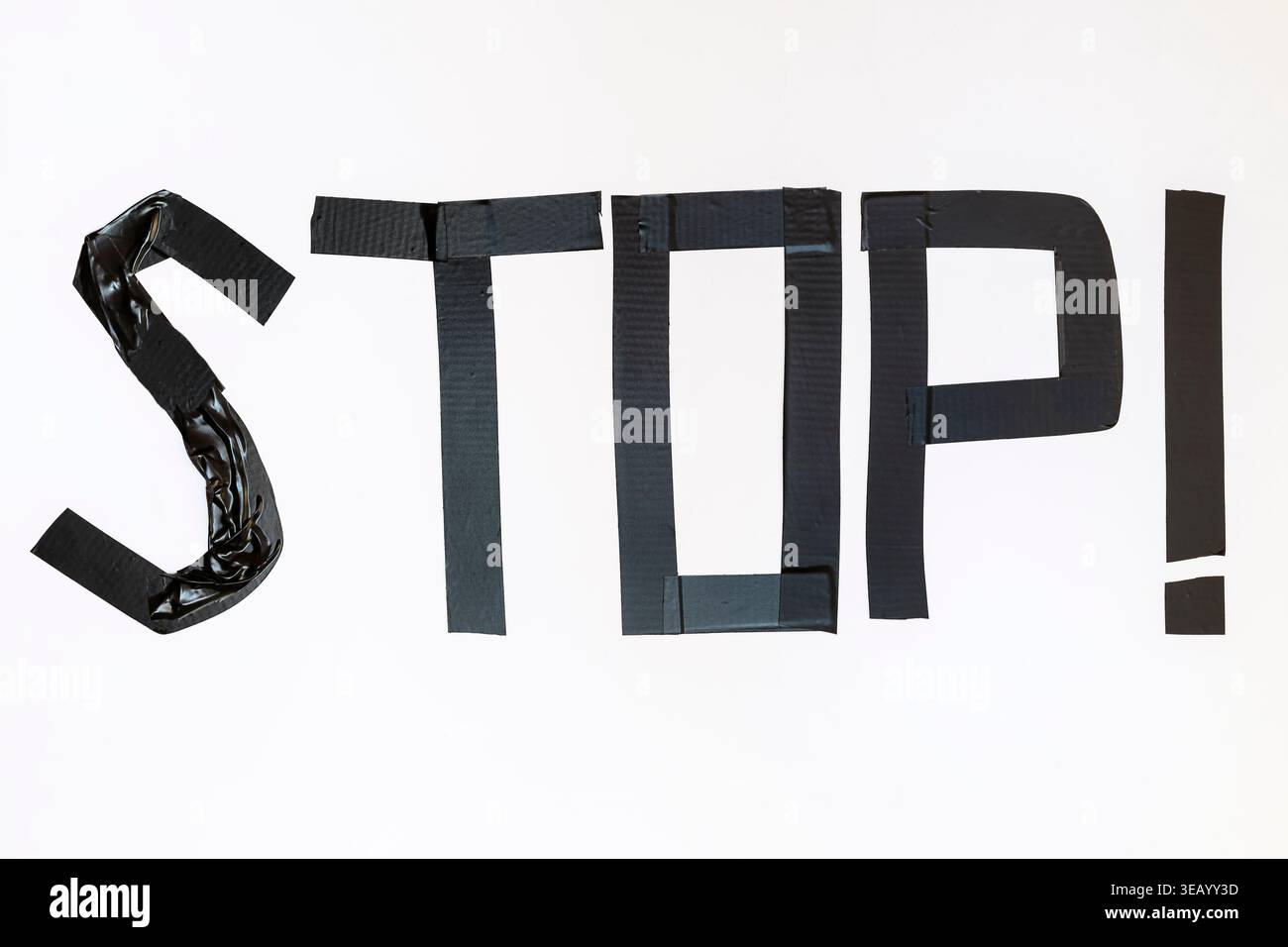 The "STOP!" sign was made with black electrical tape on a white background Stock Photo