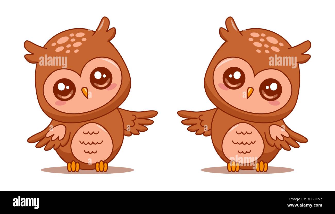 Cute owls pointer pointing with wing cartoon character vector isolated on white Stock Vector