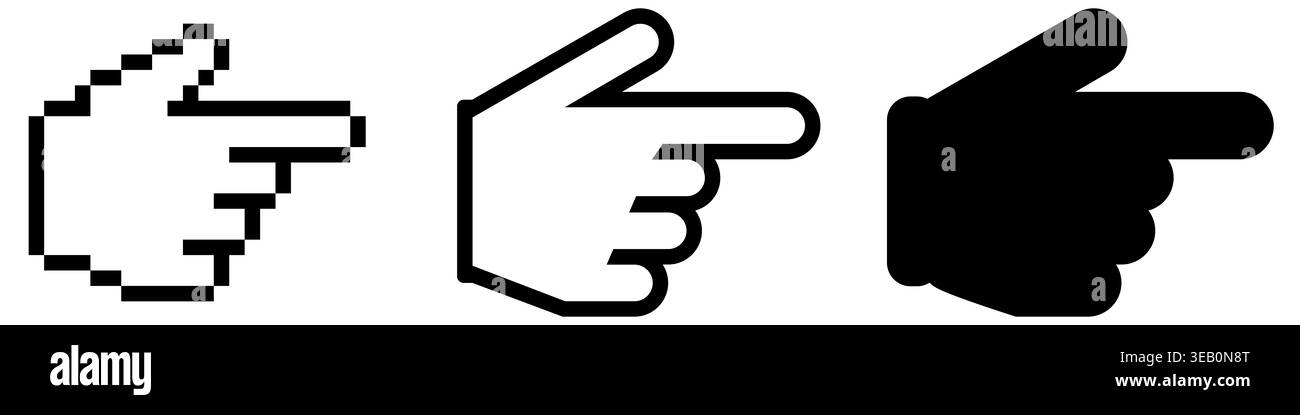 Three pointing hand cursor icons in pixelated outline and solid styles ...