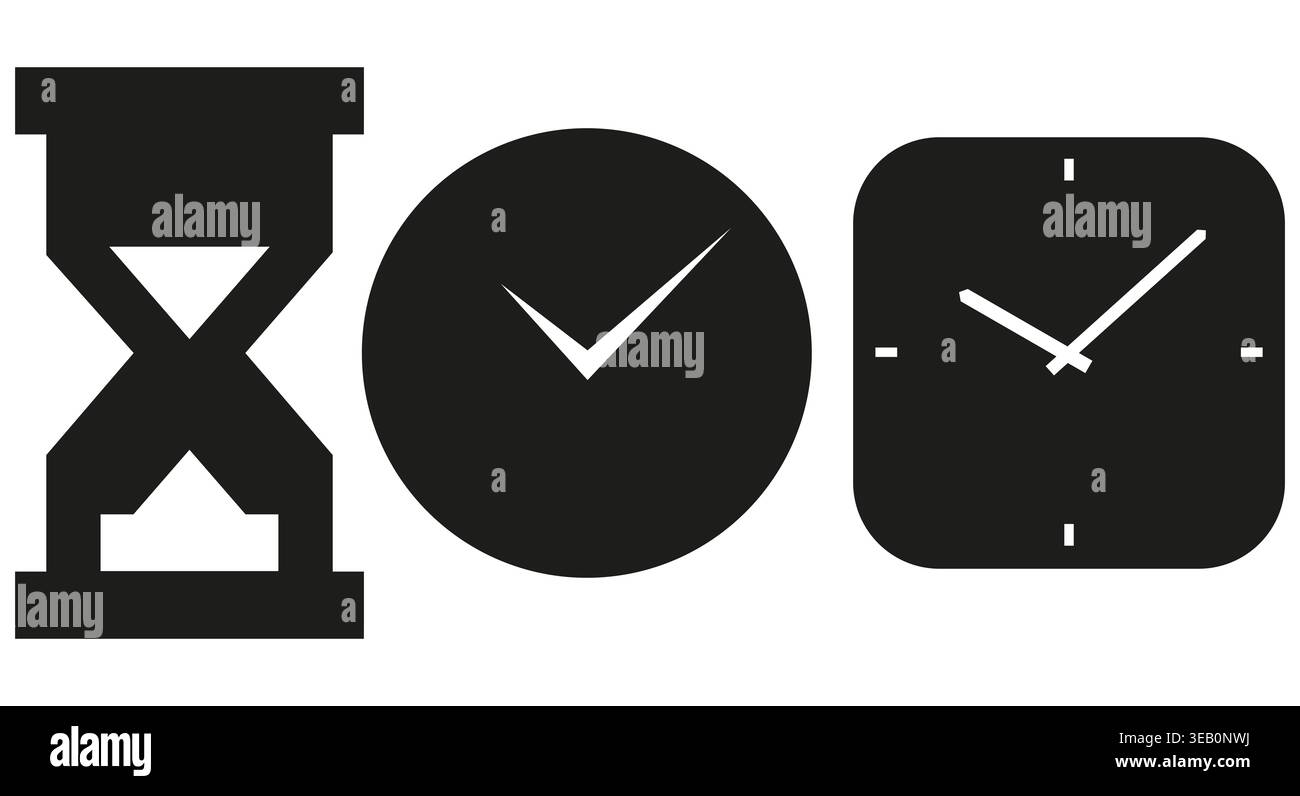 Minimalist illustration of three time symbols hourglass round clock ...