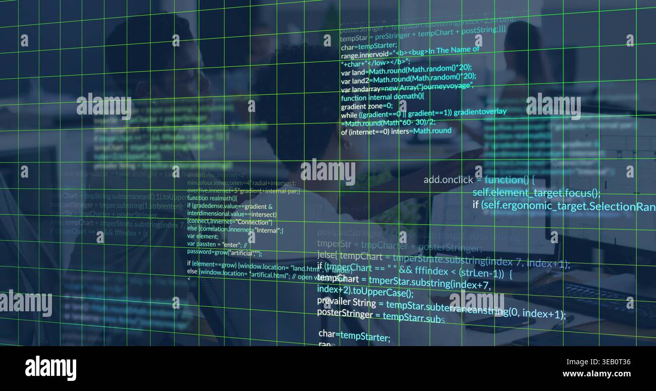 Displaying code overlay covering center in tech office, blending with green grid and monitors Stock Photo