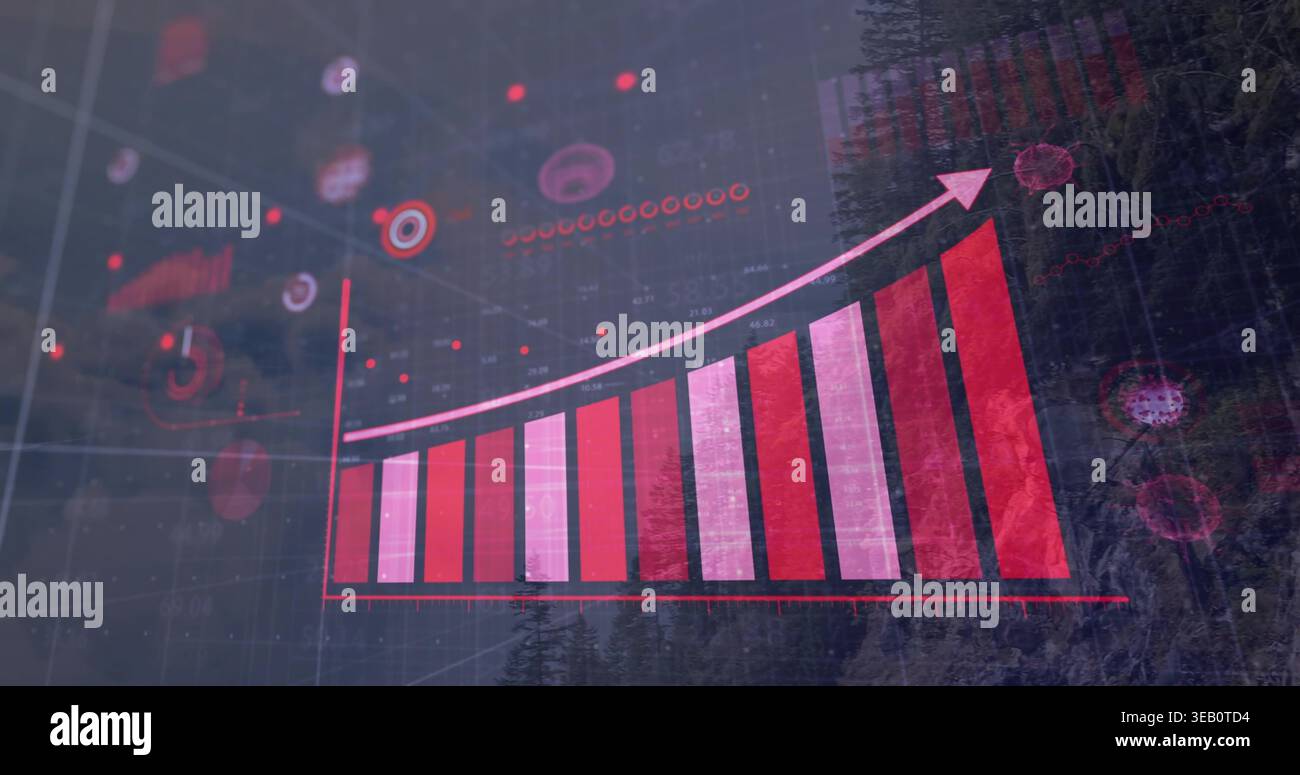 Displaying red pink ascending bar chart with curved arrow on virtual dashboard showing HUD icons Stock Photo