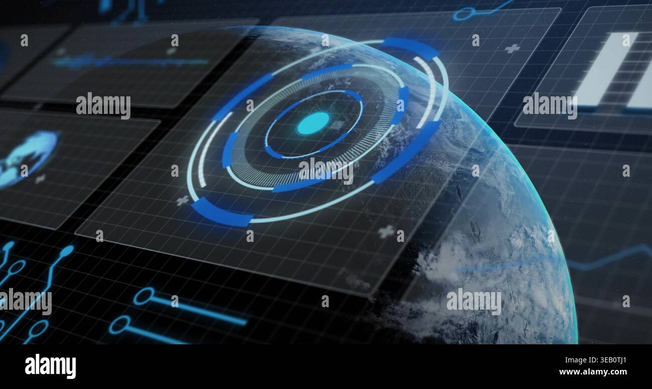 Displaying rendered partial globe rotating over virtual command-display, with holographic HUD rings Stock Photo