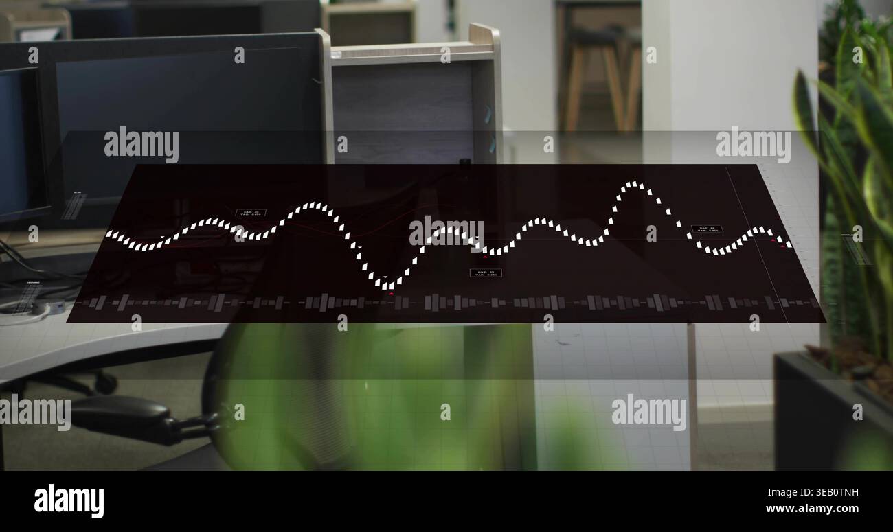 Displaying translucent digital panel floating over open-plan office with dotted waveform, monitors Stock Photo