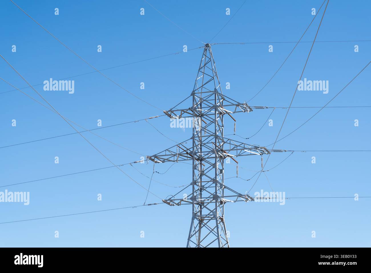 High voltage power transmission lines and steel lattice pylon tower ...