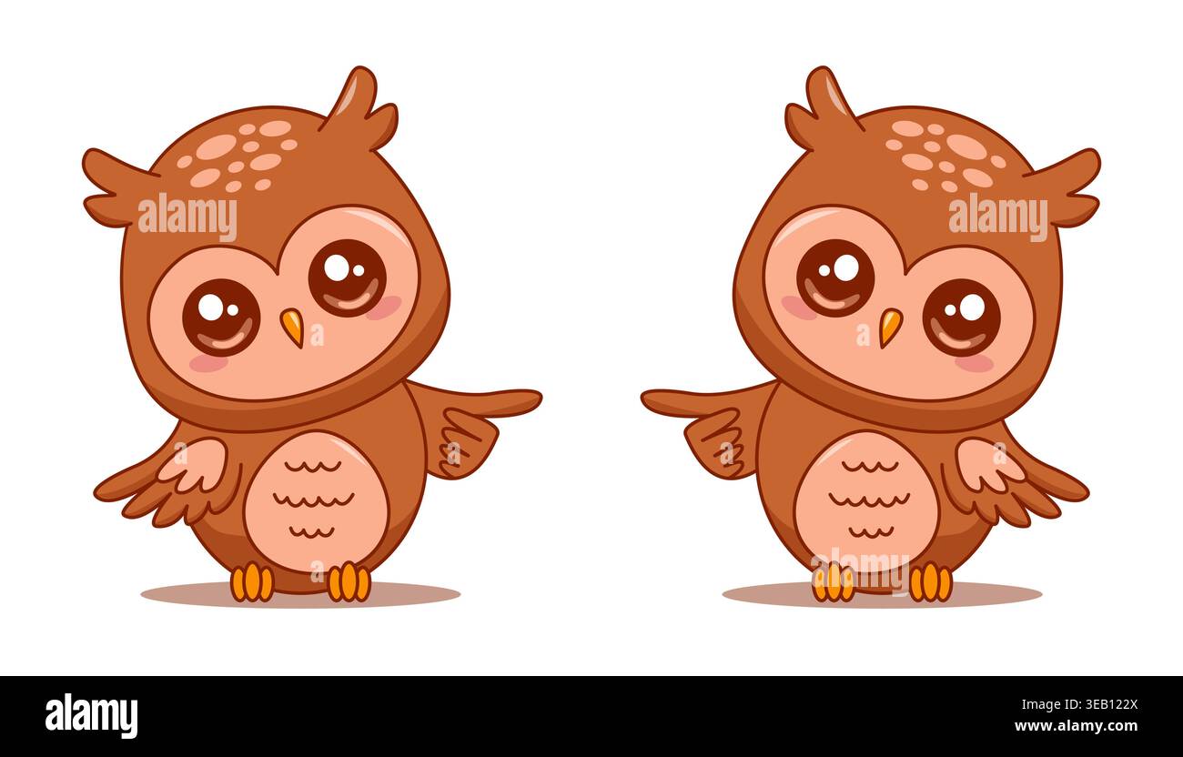 Cute owls pointer pointing with wing cartoon character vector isolated on white. Stock Vector