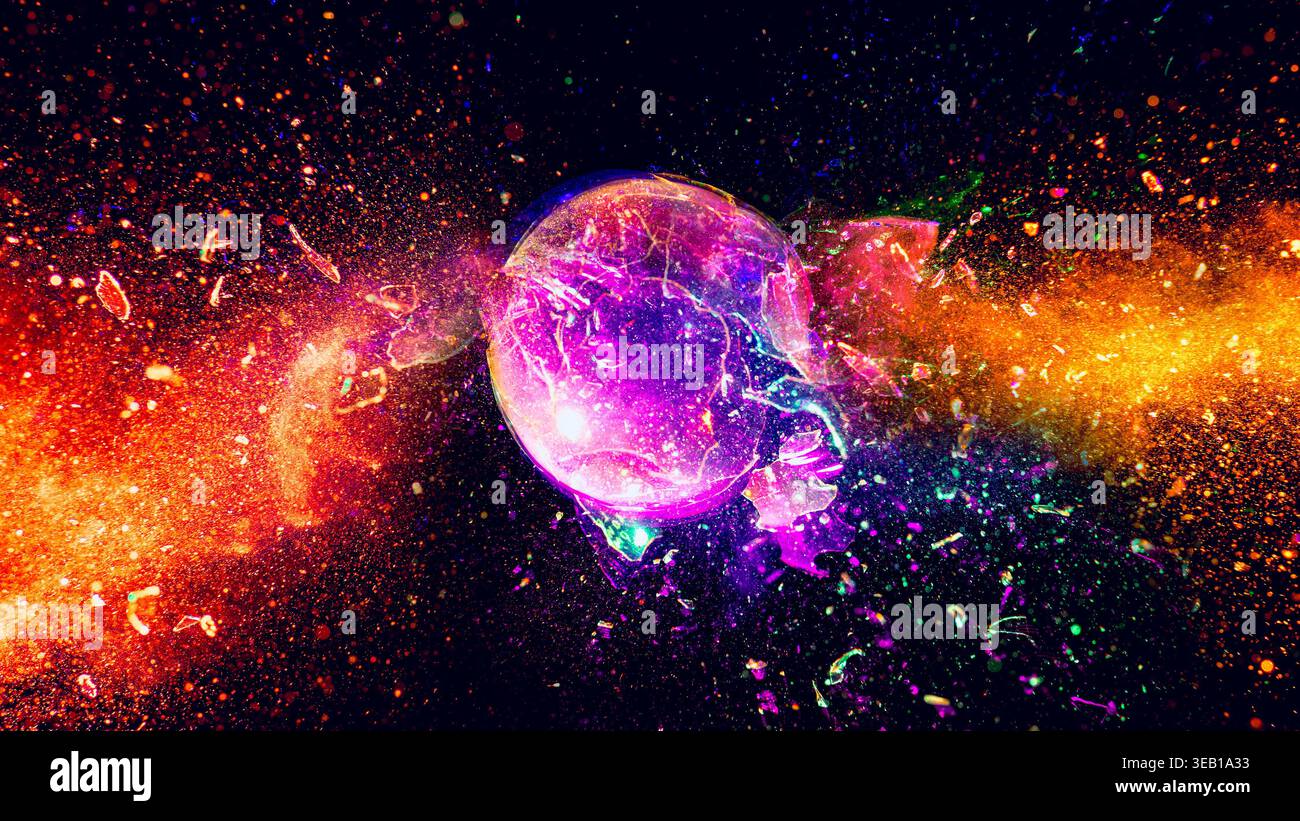 Glowing sphere shattering dust explosion against a dark background Stock Photo