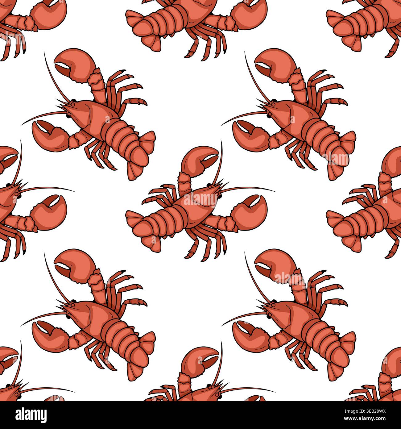 Seamless vector pattern of red lobsters on a white background for seafood themes Stock Vector