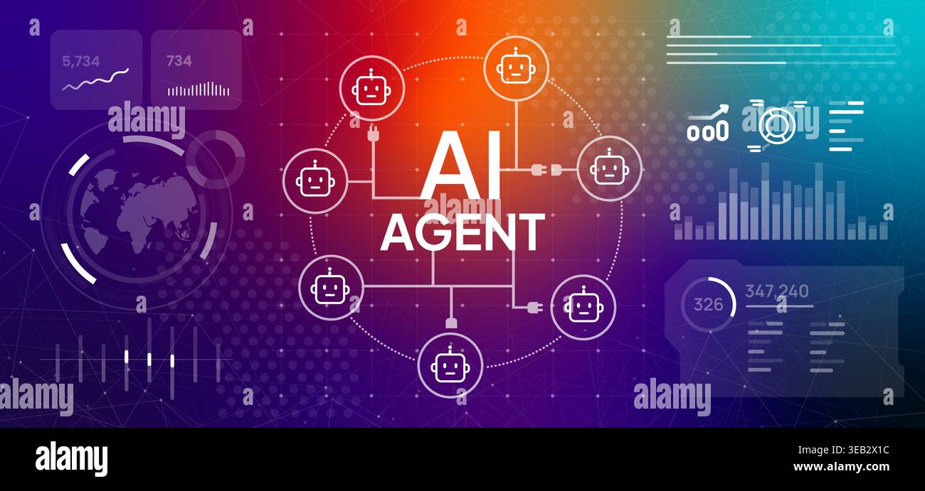 Multi agent artificial intelligence system concept robot for automated workflow management and complex task processing corporate technology Stock Vector