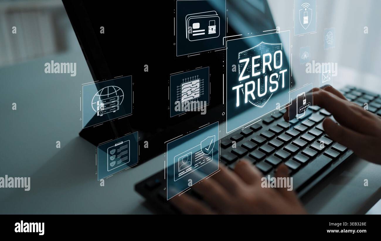 Zero trust model enhances data protection. Zero trust blocks unauthorized access, secures devices, zero trust defends networks, and zero trust Stock Photo