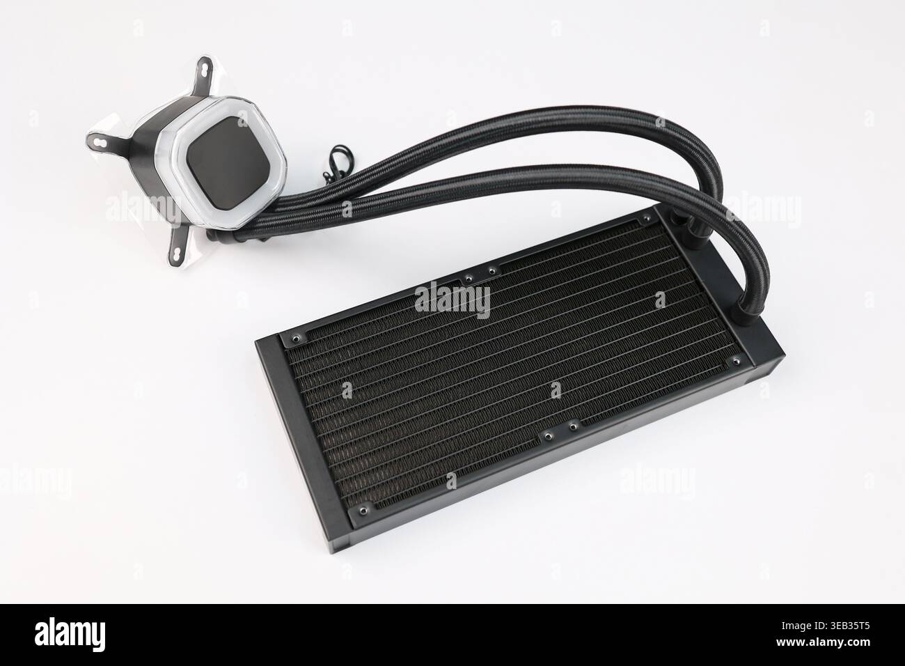 Desktop PC All in One CPU Cooler with Radiator Isolated on White Background (Computer Parts Assembly) Stock Photo