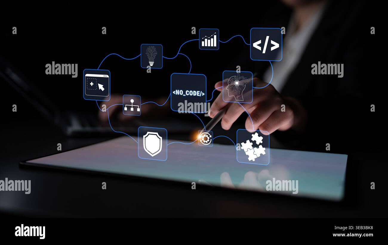 Hands interacting with a digital tablet showcasing no-code solution icons, representing modern technology, innovation, and digital transformation in a Stock Photo