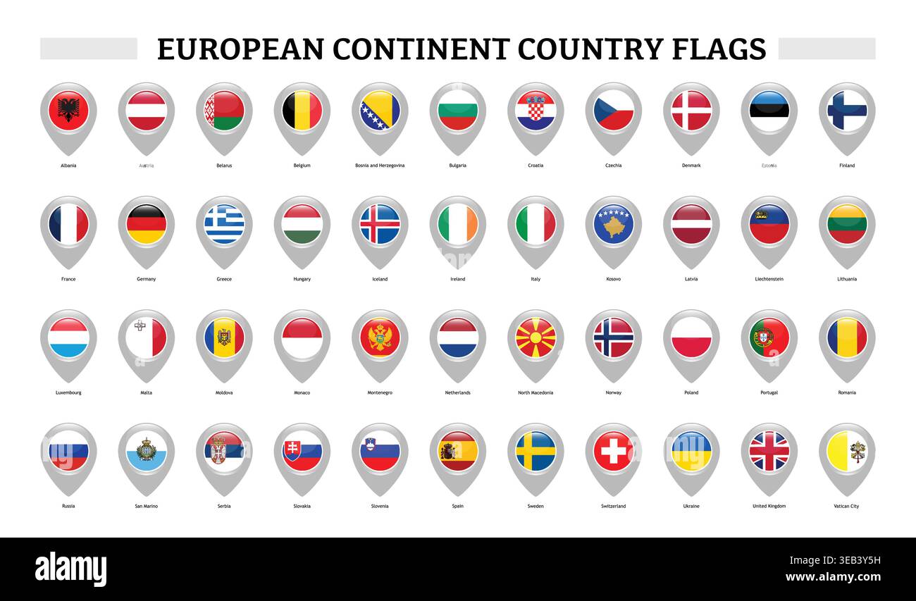 Collection of European continent country flags in location pin icon ...