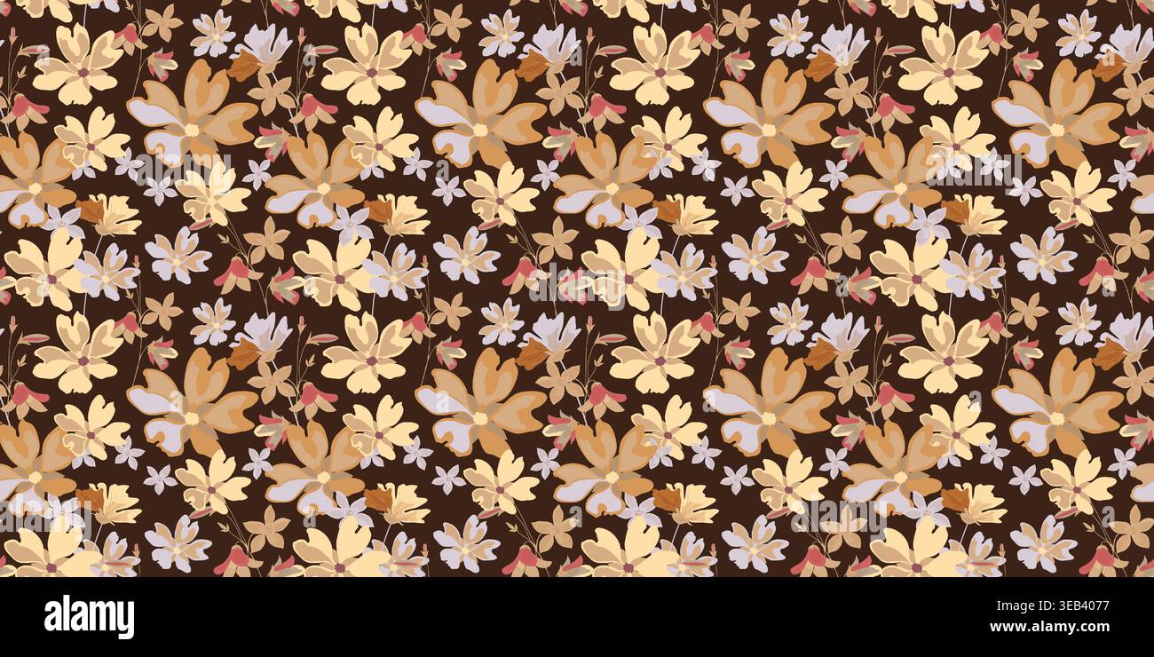 Seamless floral pattern with flowers on dark brown background Stock Vector
