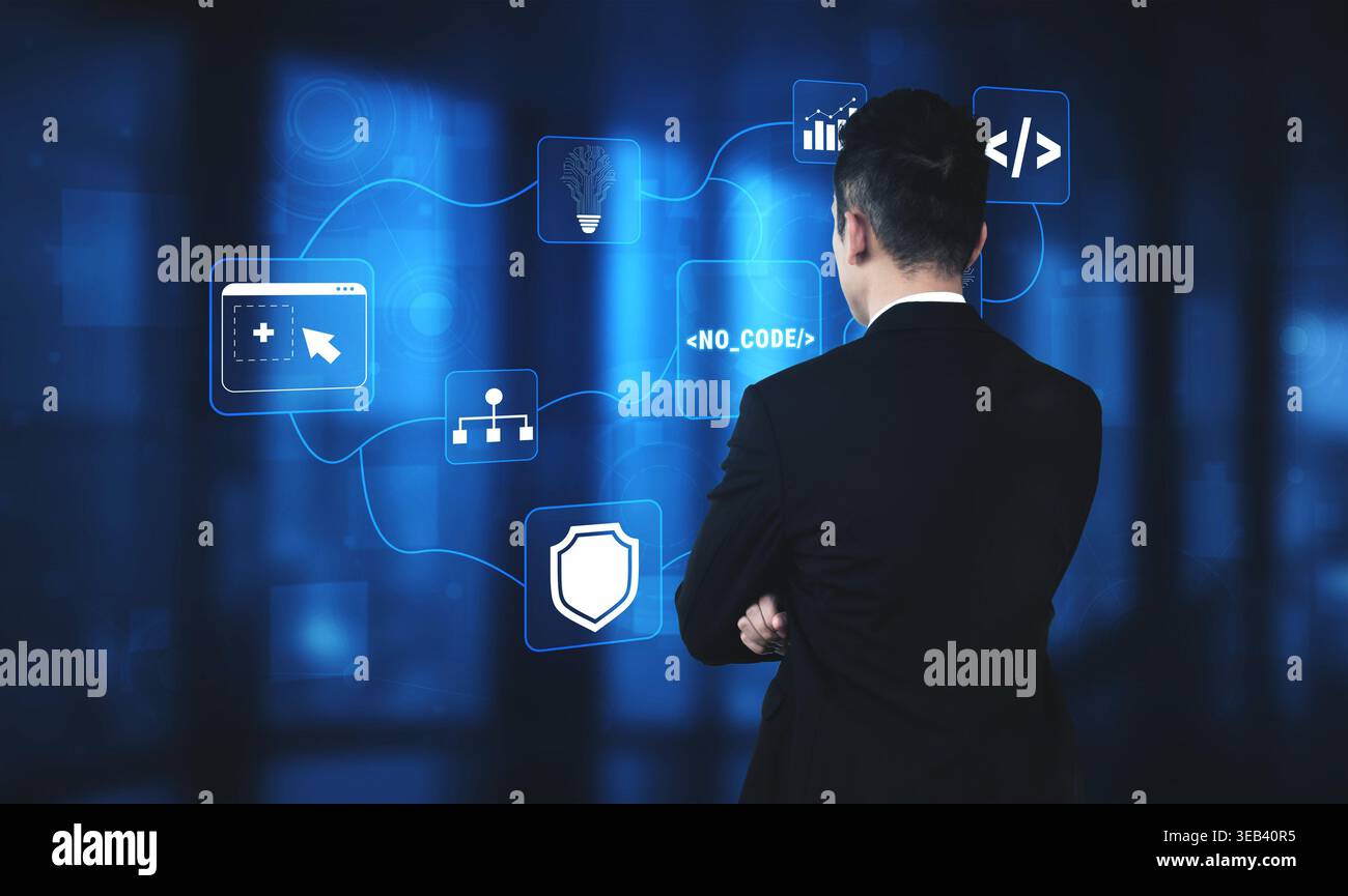 Businessman Analyzing Digital Interface with No Code Solution Icons in Modern Office Environment Quark. Stock Photo