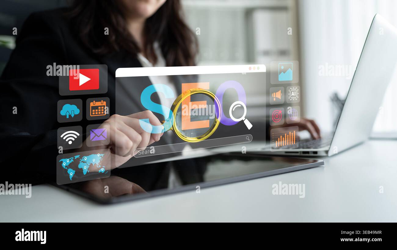 Business Professional Enhancing Search Engine Optimization Using Laptop with Interactive Data Visualization and Analysis Tools Ledger. Stock Photo