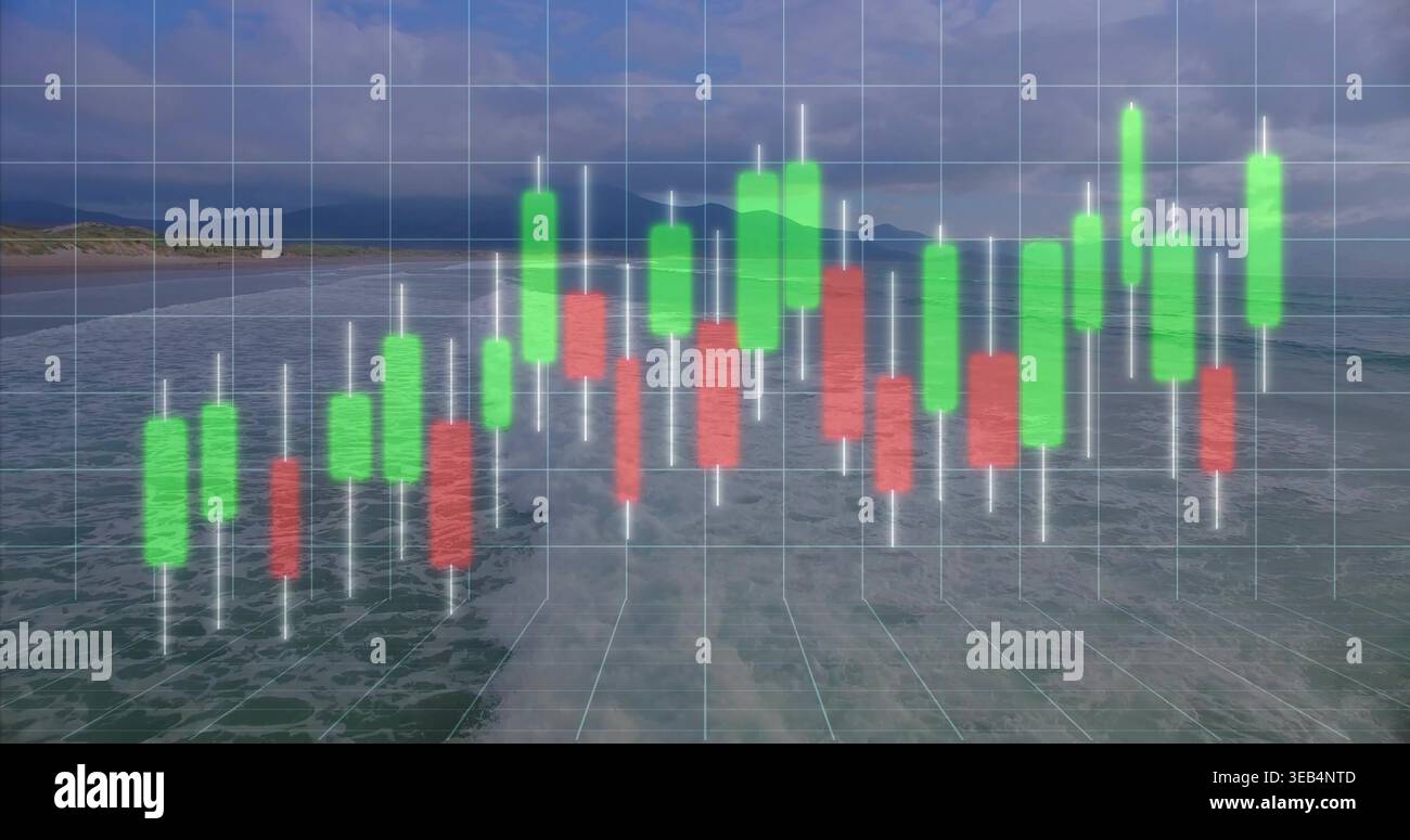 Floating translucent 3D candlestick chart hovering over coastal shoreline, showing grid and waves Stock Photo