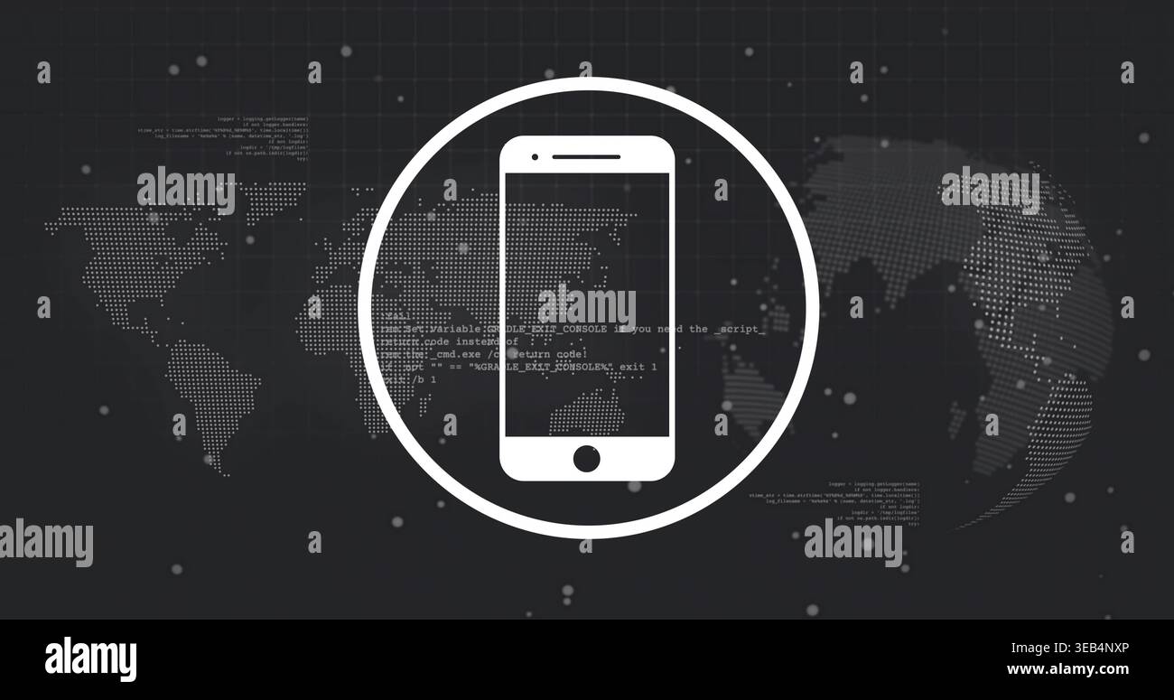 Displaying white phone icon centered in circular frame on graphic showing dotted map, code, grid Stock Photo