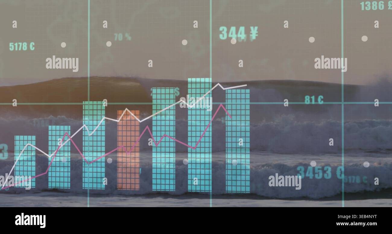 Displaying translucent vertical bar chart spanning shoreline, with two line graphs and ocean waves Stock Photo
