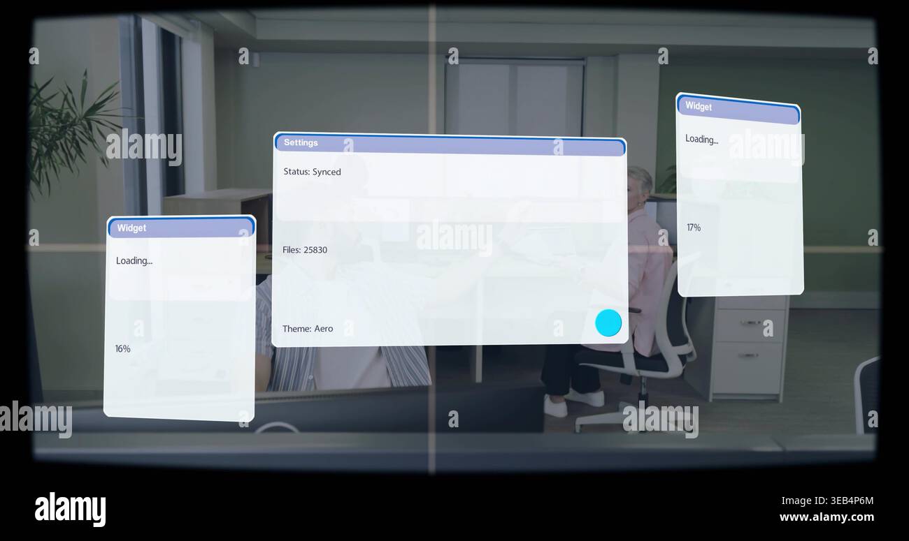 Showing central Settings panel overlaying office, with two Widget ...