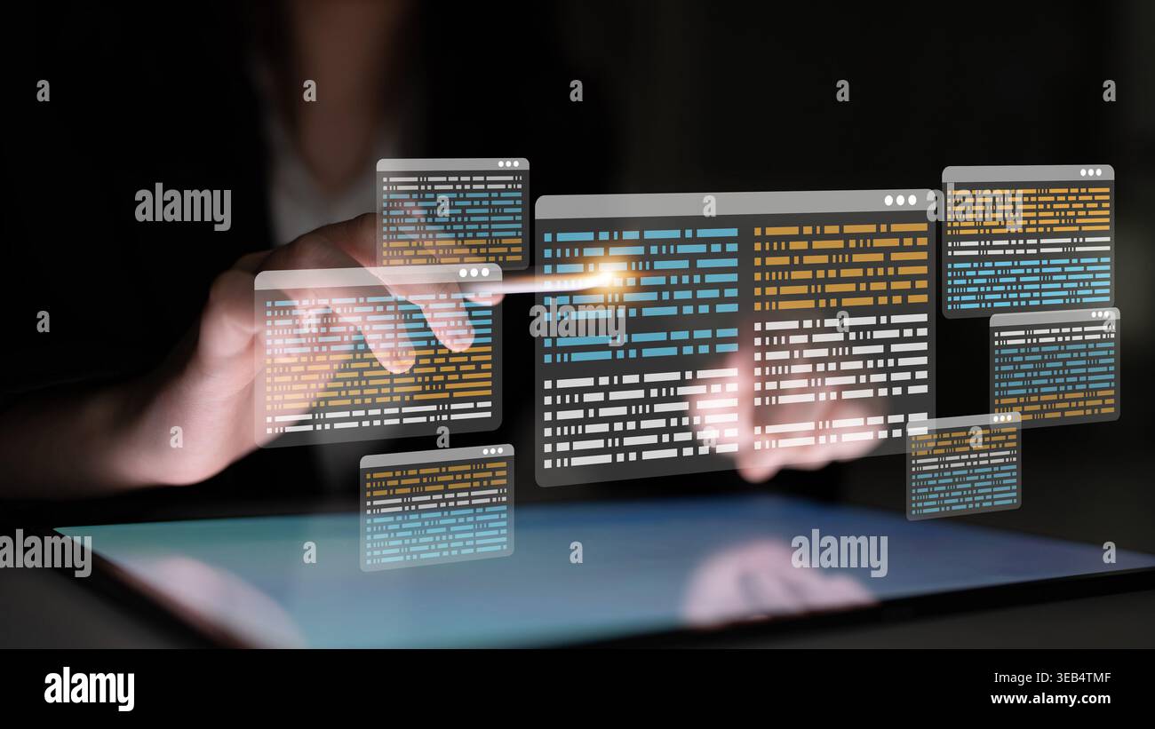 Innovative digital interface showcasing holographic data in a dark setting, emphasizing interaction, creativity, and advanced technology for modern Stock Photo