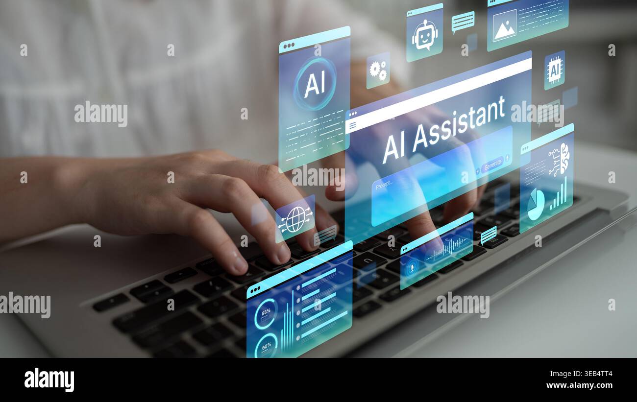 Future of work with AI assistant. Futuristic AI Assistant interface ...