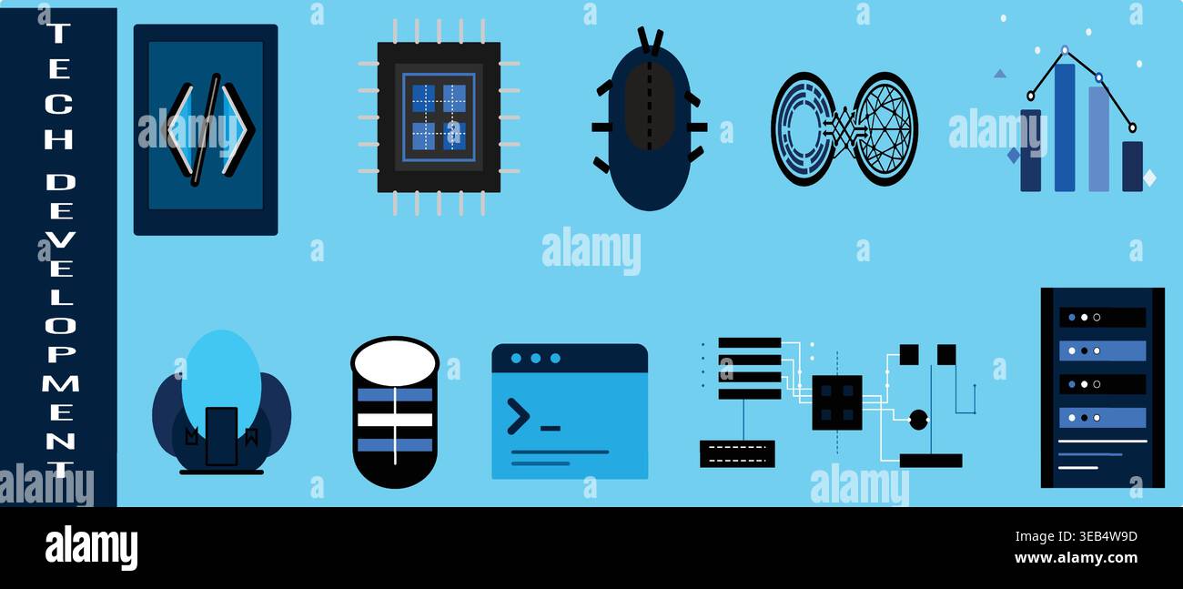 A comprehensive illustration of various icons representing concepts in technology and software development, including coding, processors, bugs, data, Stock Vector